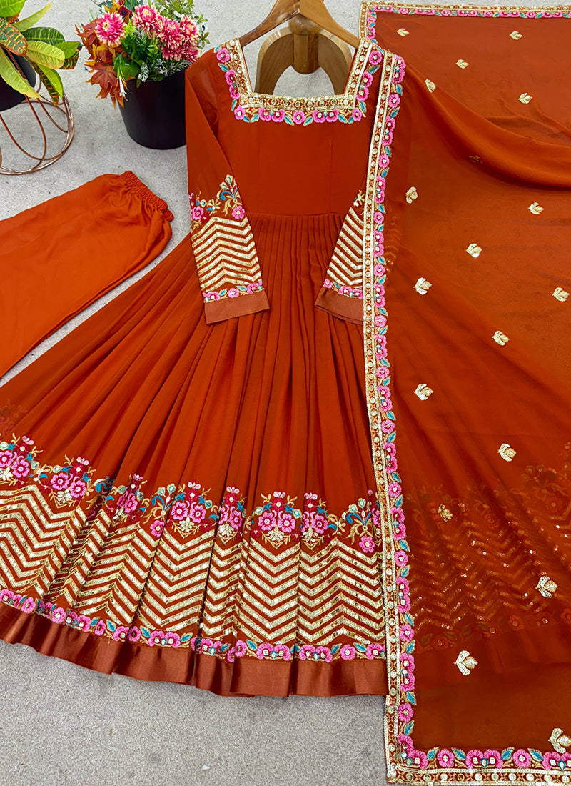 Georgette Orange Wedding Wear Embroidery Work Readymade Anarkali Suit 386823