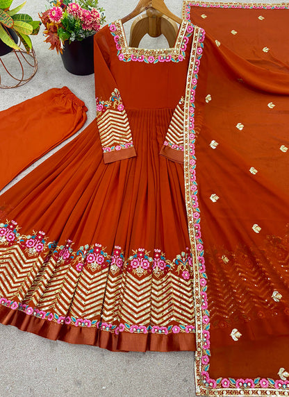 Georgette Orange Wedding Wear Embroidery Work Readymade Anarkali Suit 386823