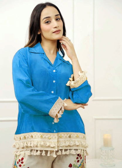 Cotton Slub Blue Designer Wear Printed Work Readymade Top With Plazzo 383787