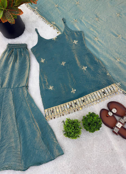 Sky Blue Fendy Silk Embroidery Work Occasional Wear Readymade Sharara Suit SW607269