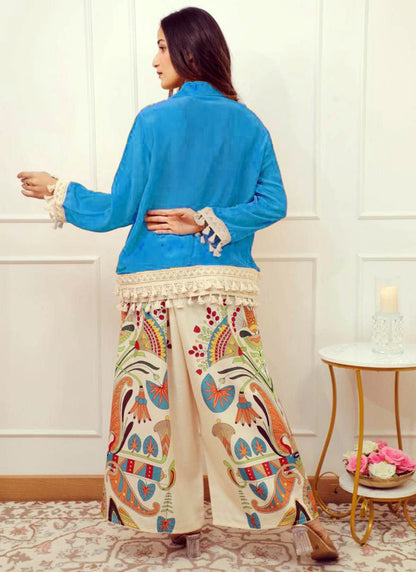 Cotton Slub Blue Designer Wear Printed Work Readymade Top With Plazzo 383787