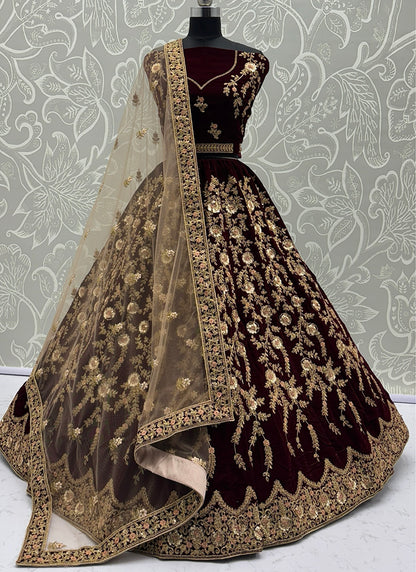 Velvet Maroon Wedding Wear Embroidery Work Lehenga Choli 390684