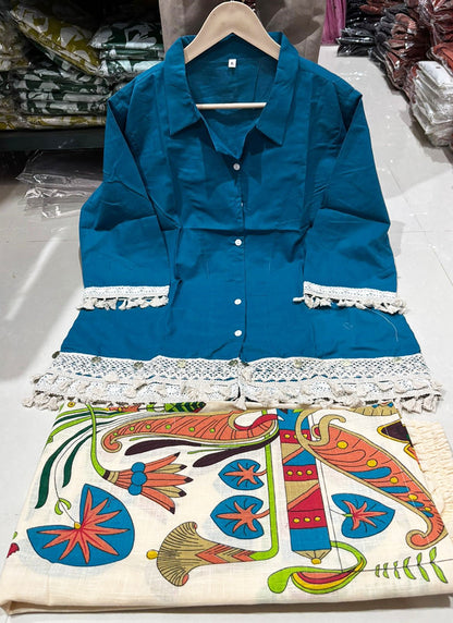 Cotton Slub Blue Designer Wear Printed Work Readymade Top With Plazzo 383787