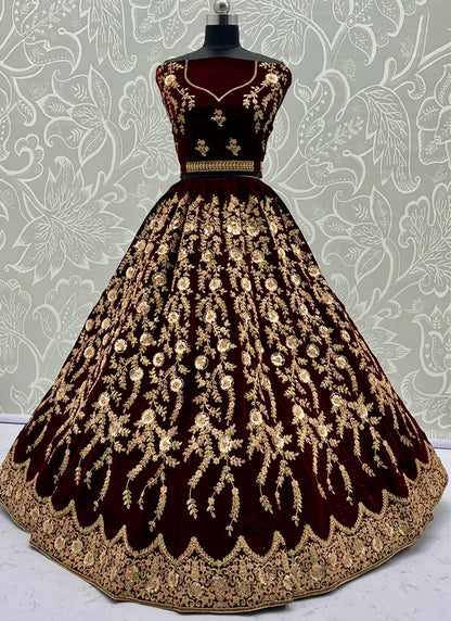 Velvet Maroon Wedding Wear Embroidery Work Lehenga Choli 390684