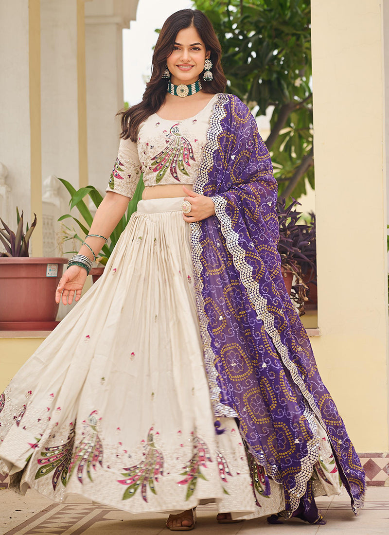 Tissue Silk Off White Festival Wear Sequins Work Readymade Lehenga Choli 386874