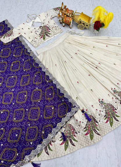 Tissue Silk Off White Festival Wear Sequins Work Readymade Lehenga Choli 386874