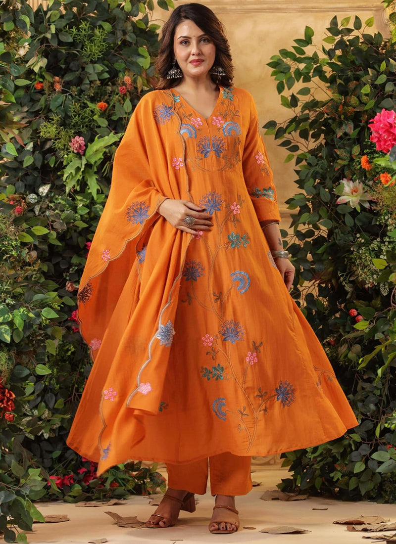 Viscose Orange Festival Wear Embroidery Work Readymade Anarkali Suit 386865