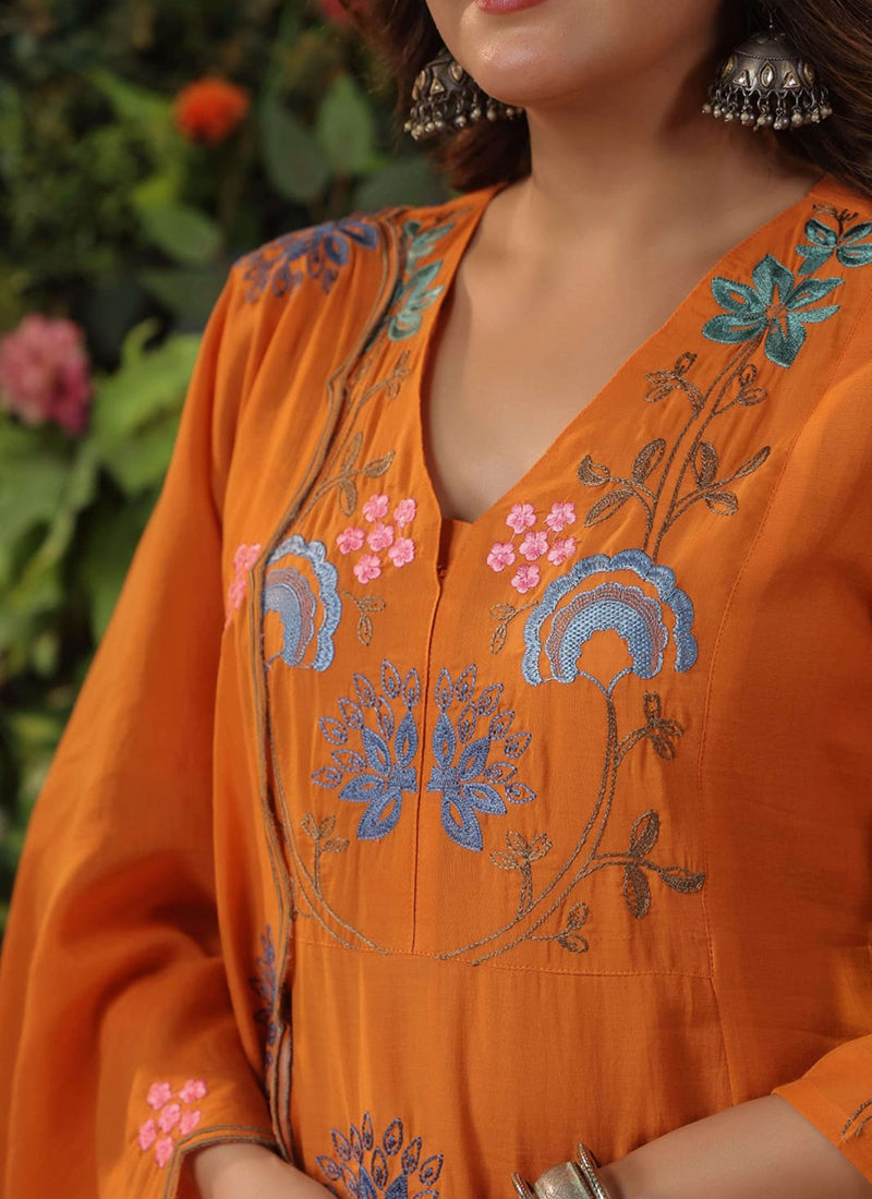 Viscose Orange Festival Wear Embroidery Work Readymade Anarkali Suit 386865