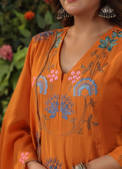 Viscose Orange Festival Wear Embroidery Work Readymade Anarkali Suit 386865