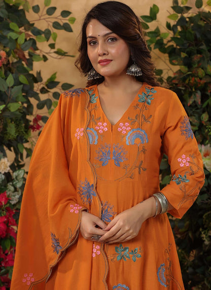 Viscose Orange Festival Wear Embroidery Work Readymade Anarkali Suit 386865