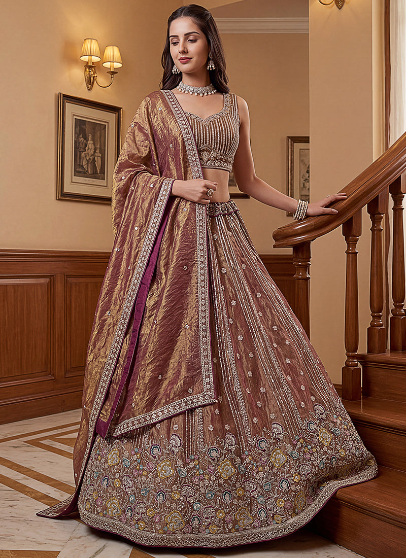 Antique Gold Organza Sequins Work  Occasional Wear Lehenga Choli SW399184