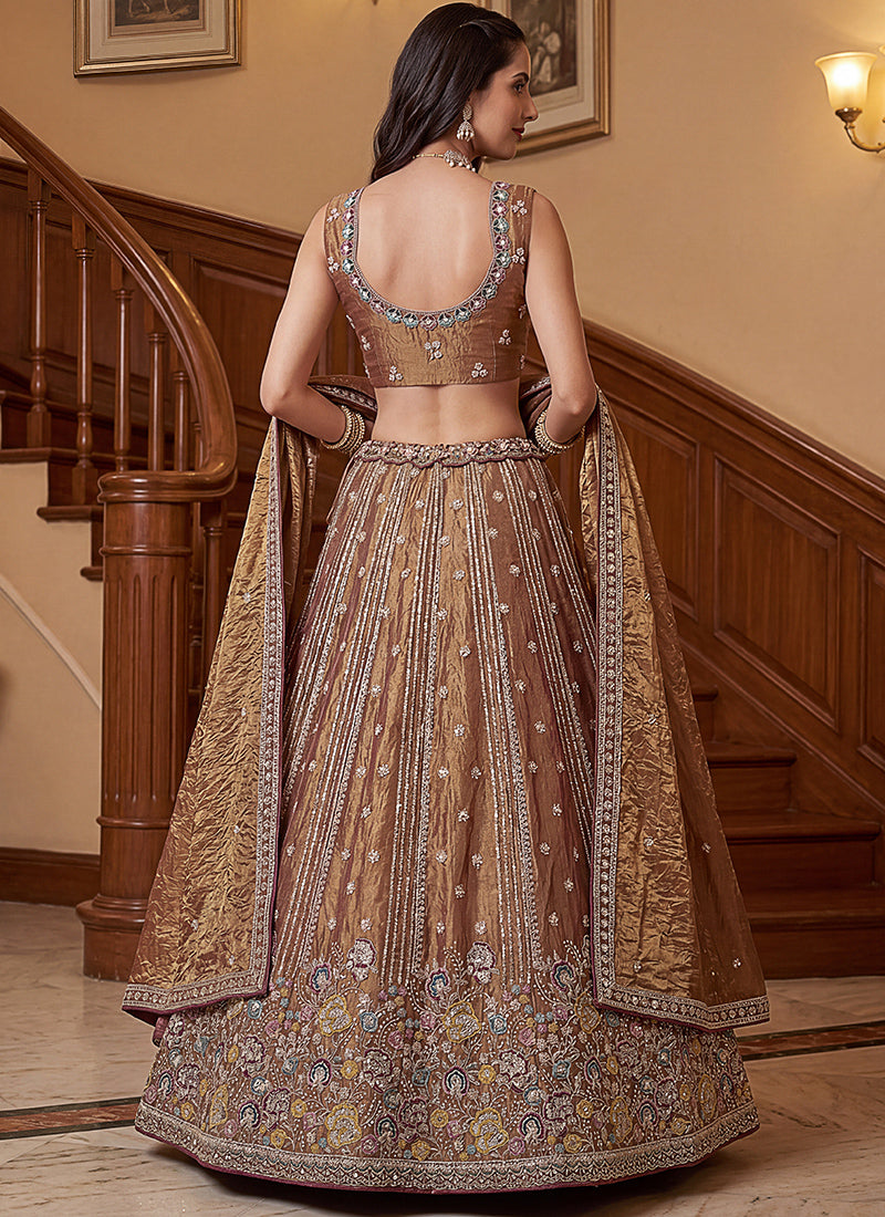 Antique Gold Organza Sequins Work  Occasional Wear Lehenga Choli SW399184