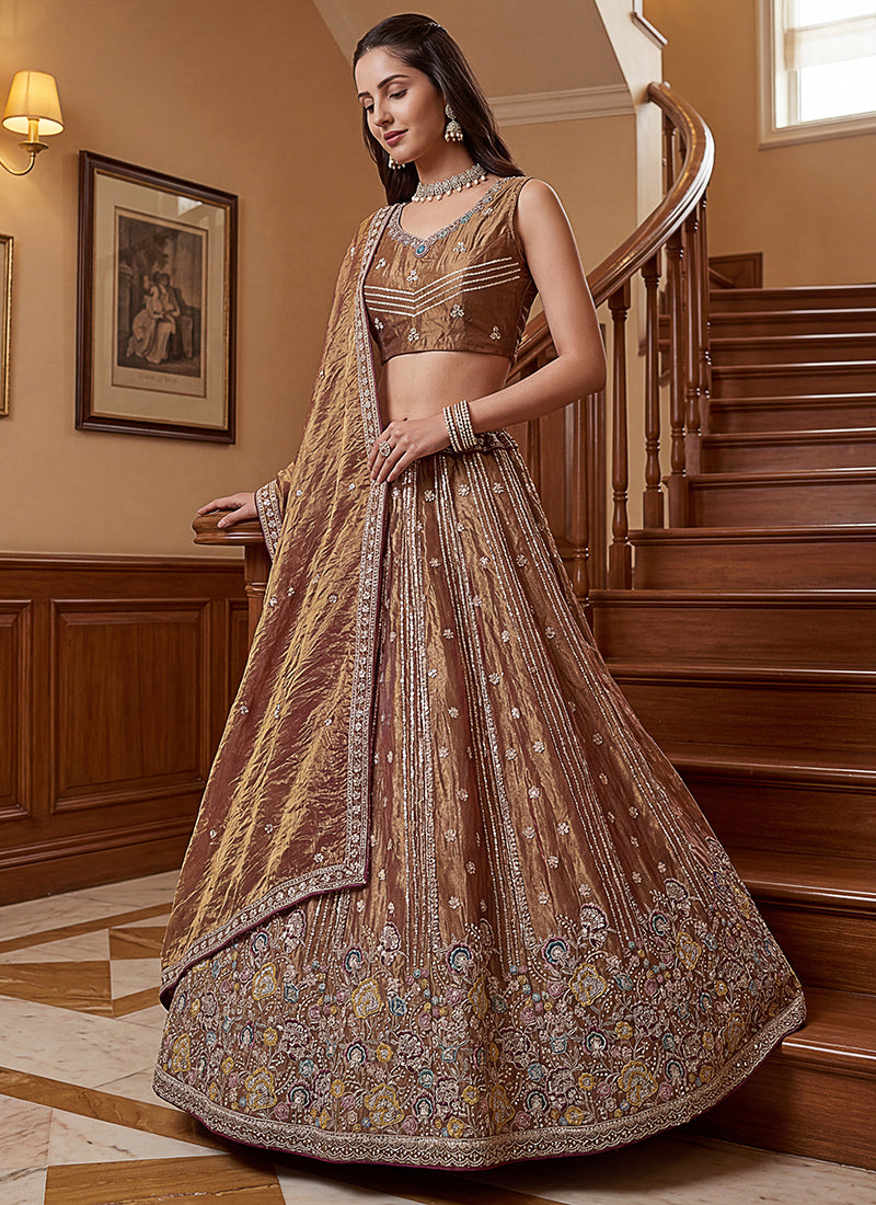 Antique Gold Organza Sequins Work  Occasional Wear Lehenga Choli SW399184