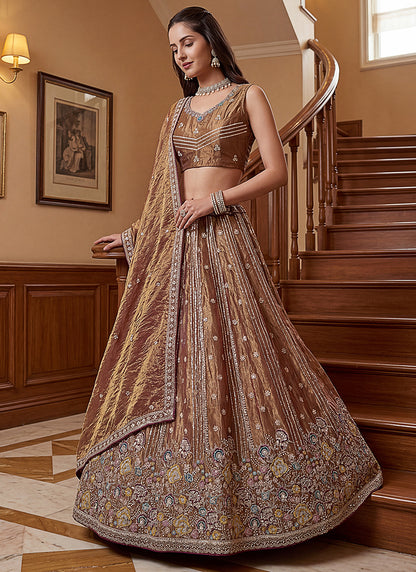 Antique Gold Organza Sequins Work  Occasional Wear Lehenga Choli SW399184
