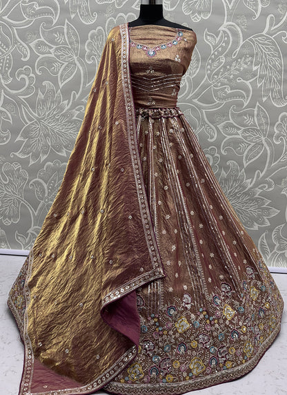 Antique Gold Organza Sequins Work  Occasional Wear Lehenga Choli SW399184