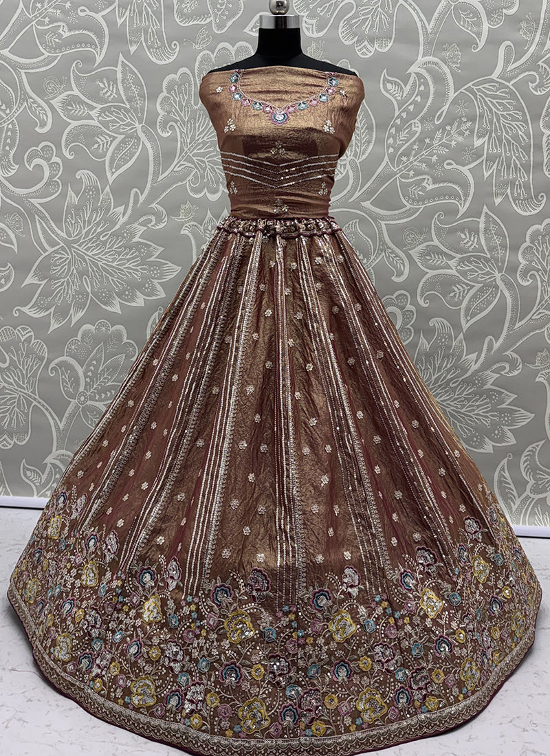 Antique Gold Organza Sequins Work  Occasional Wear Lehenga Choli SW399184