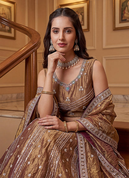 Antique Gold Organza Sequins Work  Occasional Wear Lehenga Choli SW399184