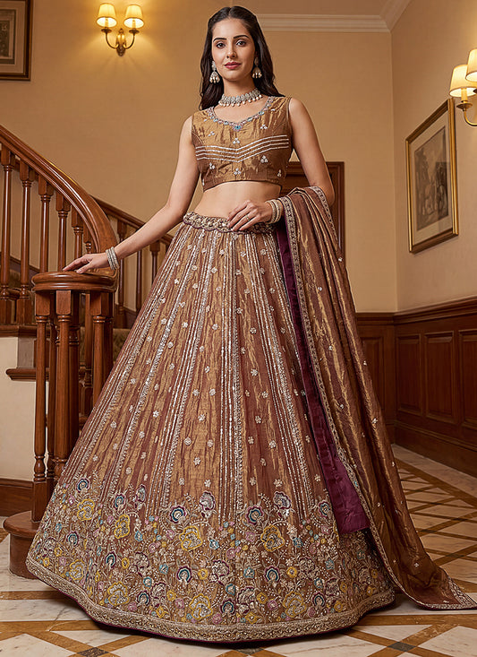 Antique Gold Organza Sequins Work  Occasional Wear Lehenga Choli SW399184