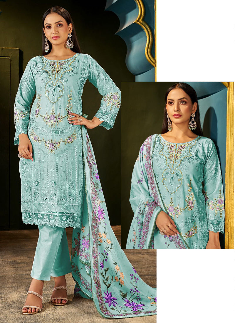 Aqua Blue Cotton Hand Work Eid Wear Pakistani Suit SW934691