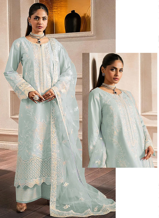 Aqua Blue Faux Georgette Embroidery Work Eid Wear Pakistani Suit SW562698