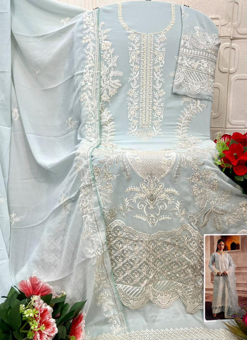 Aqua Blue Faux Georgette Embroidery Work Eid Wear Pakistani Suit SW562698