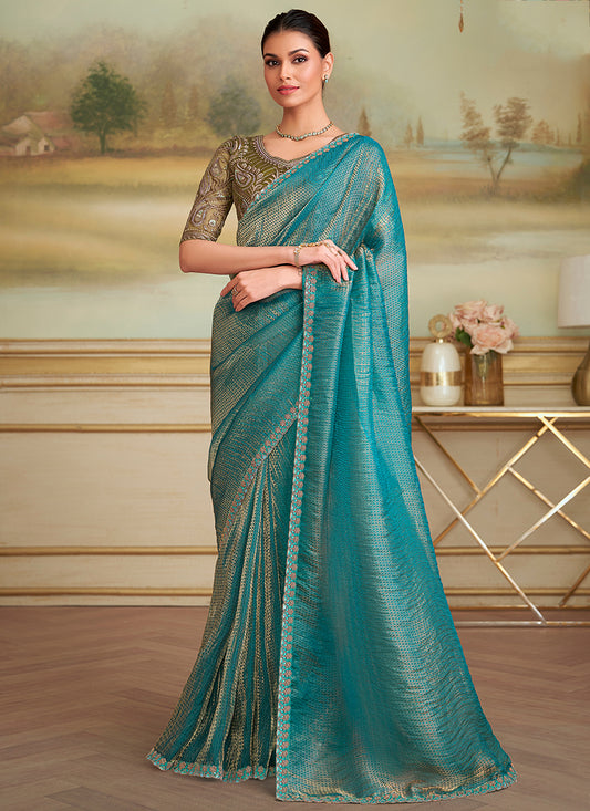 Georgette Aqua Blue Party Wear Embroidery Work Saree 386392