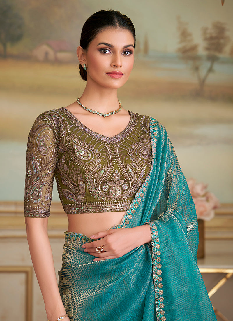 Georgette Aqua Blue Party Wear Embroidery Work Saree 386392