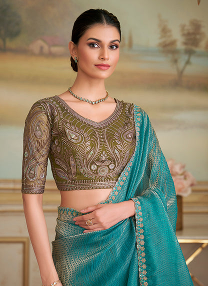 Georgette Aqua Blue Party Wear Embroidery Work Saree 386392