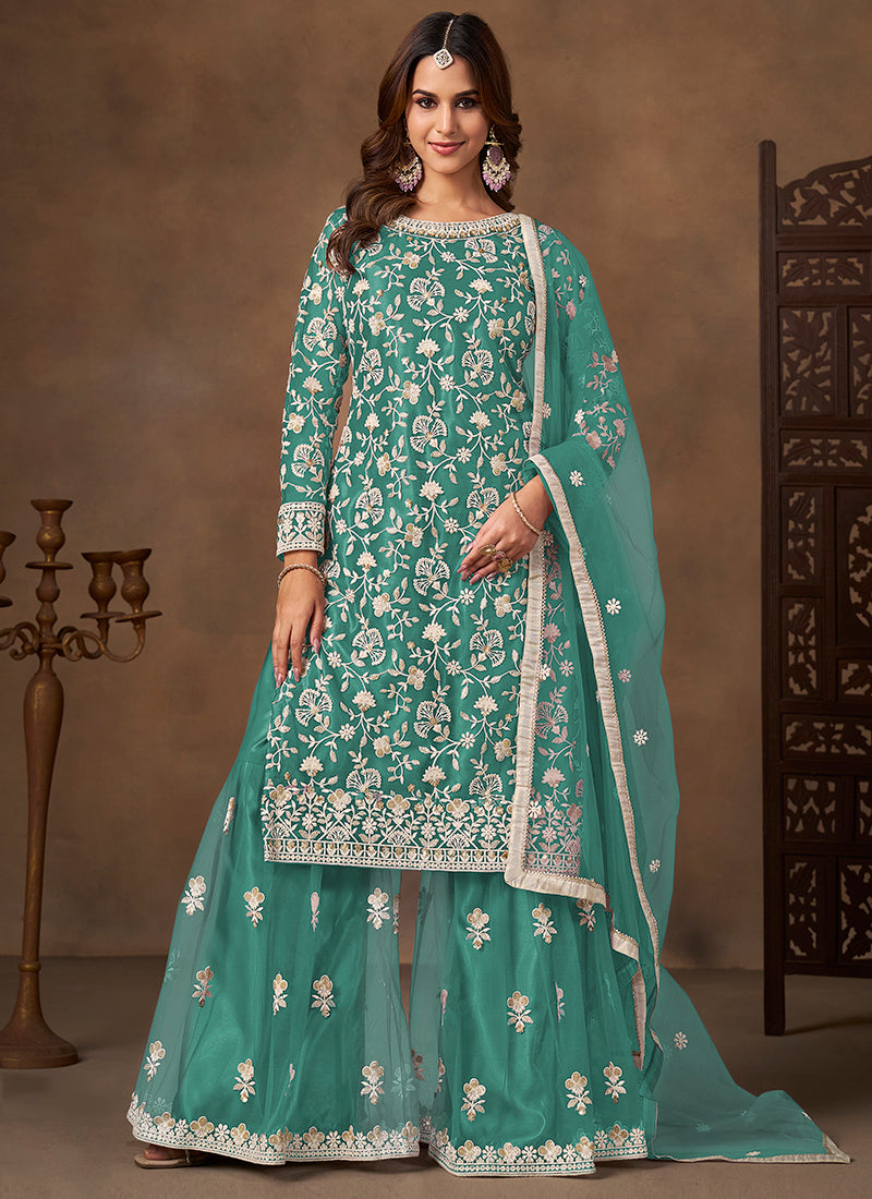 Aqua Blue Satin With Net Embroidery Work Designer Wear Sharara Suit SW985380