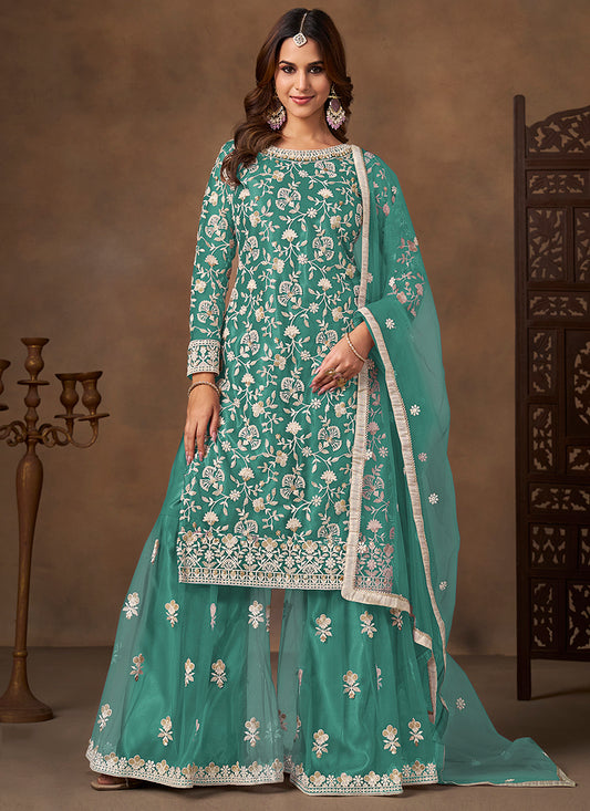 Aqua Blue Satin With Net Embroidery Work Designer Wear Sharara Suit SW985380