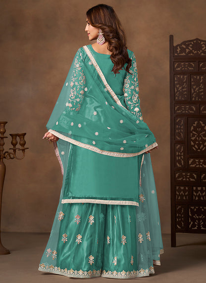 Aqua Blue Satin With Net Embroidery Work Designer Wear Sharara Suit SW985380