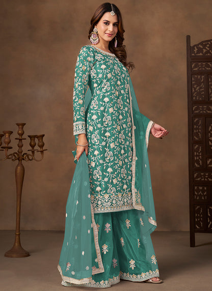 Aqua Blue Satin With Net Embroidery Work Designer Wear Sharara Suit SW985380