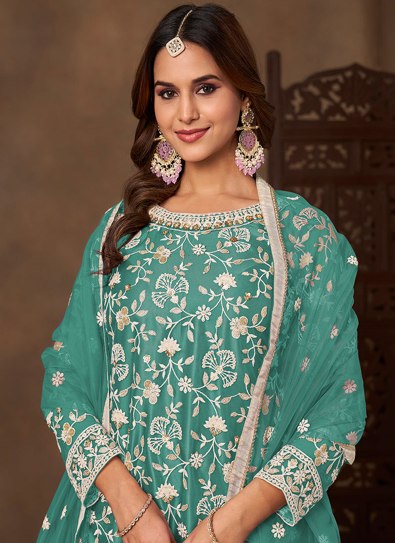 Aqua Blue Satin With Net Embroidery Work Designer Wear Sharara Suit SW985380