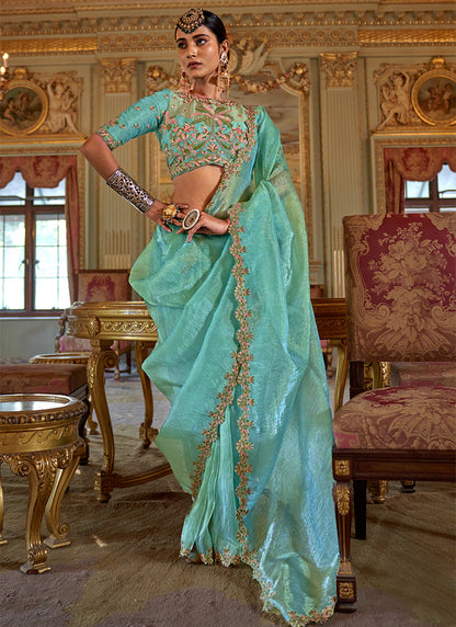 Soft Tissue Aqua Festival Wear Thread Embroidery Work Designer Saree 388250