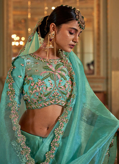 Soft Tissue Aqua Festival Wear Thread Embroidery Work Designer Saree 388250