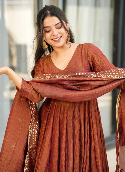 Viscose Brown Occasional Wear Sequins Work Readymade Anarkali Plazzo 387185