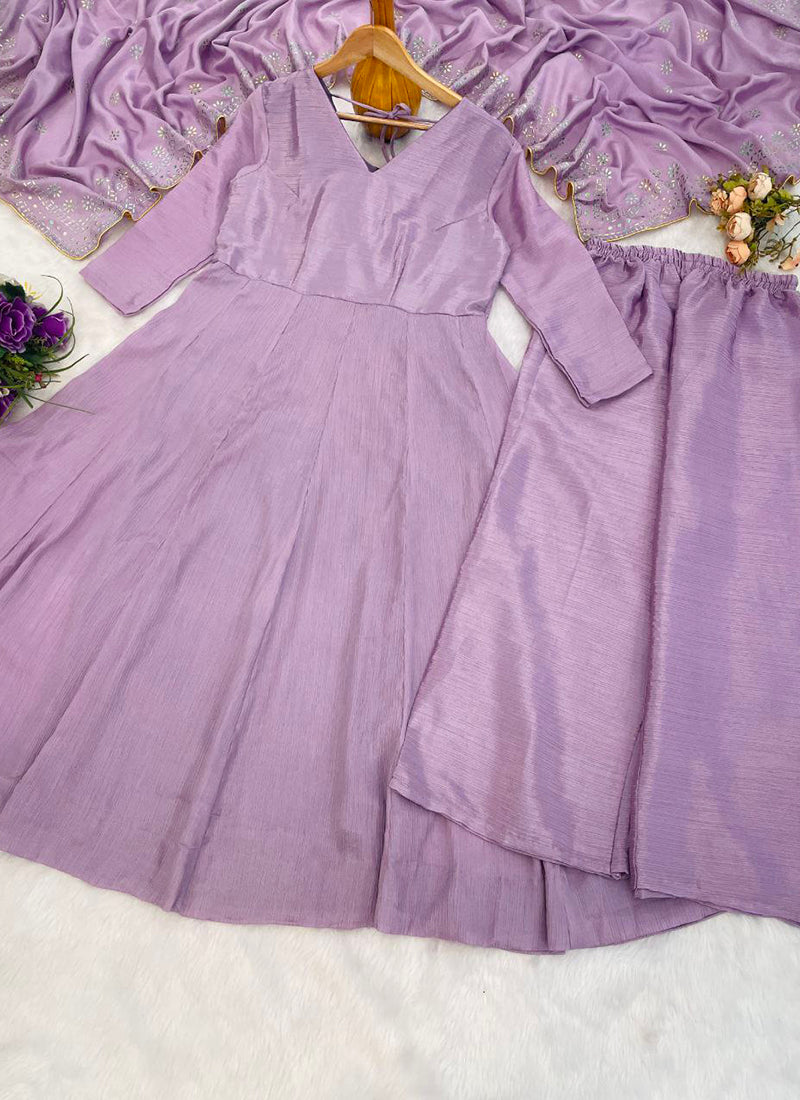 Viscose Purple Occasional Wear Sequins Work Readymade Anarkali Plazzo 387186