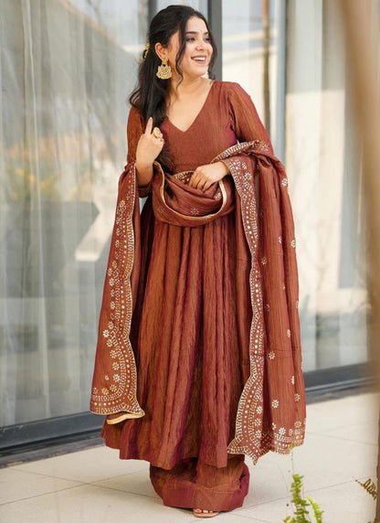 Viscose Brown Occasional Wear Sequins Work Readymade Anarkali Plazzo 387185