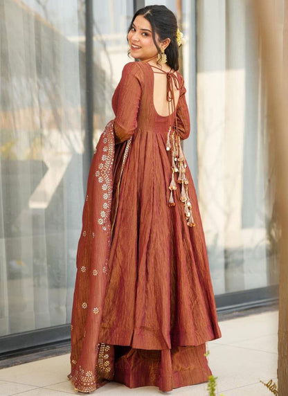 Viscose Brown Occasional Wear Sequins Work Readymade Anarkali Plazzo 387185