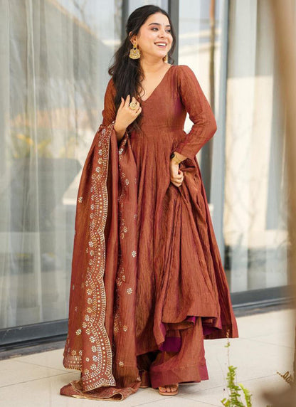 Viscose Brown Occasional Wear Sequins Work Readymade Anarkali Plazzo 387185