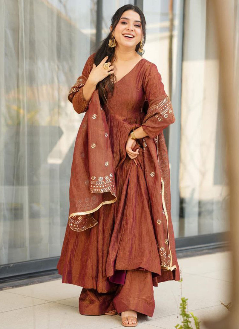 Viscose Brown Occasional Wear Sequins Work Readymade Anarkali Plazzo 387185