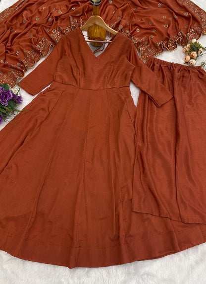 Viscose Brown Occasional Wear Sequins Work Readymade Anarkali Plazzo 387185