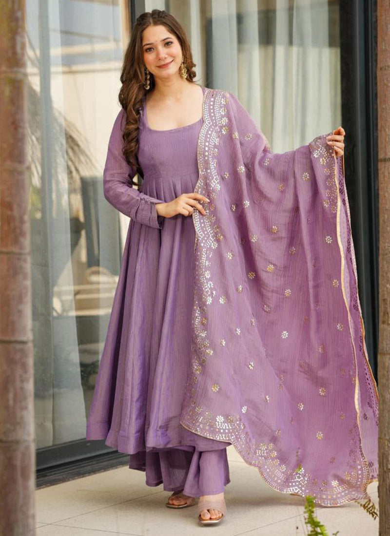 Viscose Purple Occasional Wear Sequins Work Readymade Anarkali Plazzo 387186