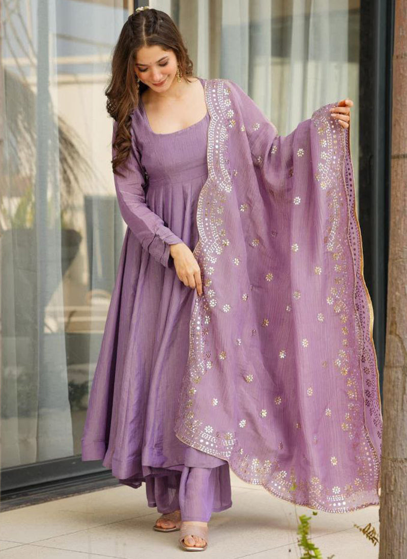 Viscose Purple Occasional Wear Sequins Work Readymade Anarkali Plazzo 387186