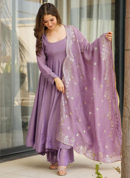 Viscose Purple Occasional Wear Sequins Work Readymade Anarkali Plazzo 387186