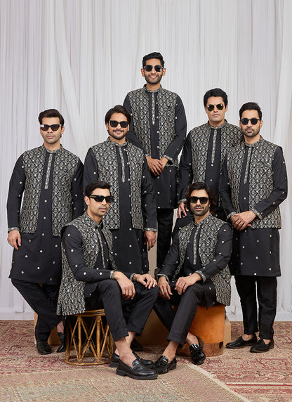 Black Art Banarasi Silk Patten Pcs Festival Wear Readymade Kurta Pajama With Jacket SW834571
