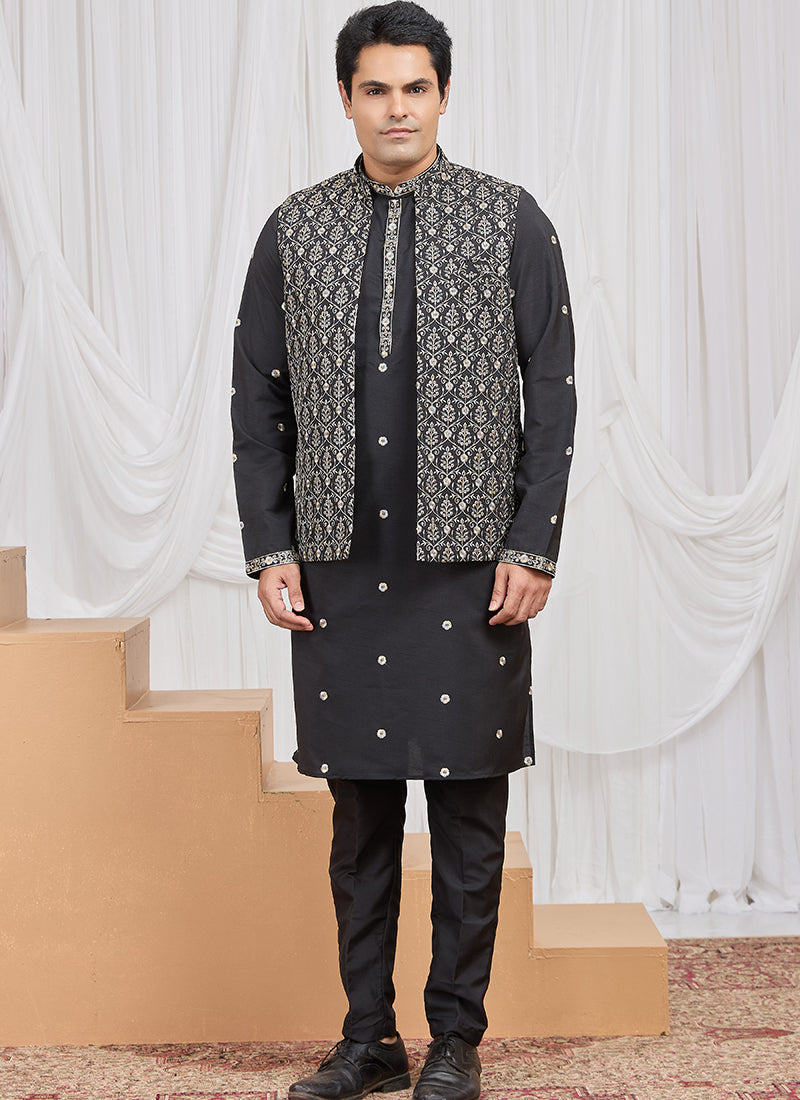 Black Art Banarasi Silk Patten Pcs Festival Wear Readymade Kurta Pajama With Jacket SW834571
