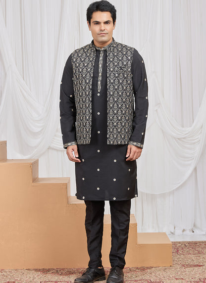 Black Art Banarasi Silk Patten Pcs Festival Wear Readymade Kurta Pajama With Jacket SW834571