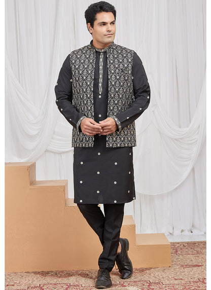 Black Art Banarasi Silk Patten Pcs Festival Wear Readymade Kurta Pajama With Jacket SW834571