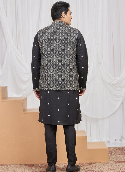 Black Art Banarasi Silk Patten Pcs Festival Wear Readymade Kurta Pajama With Jacket SW834571